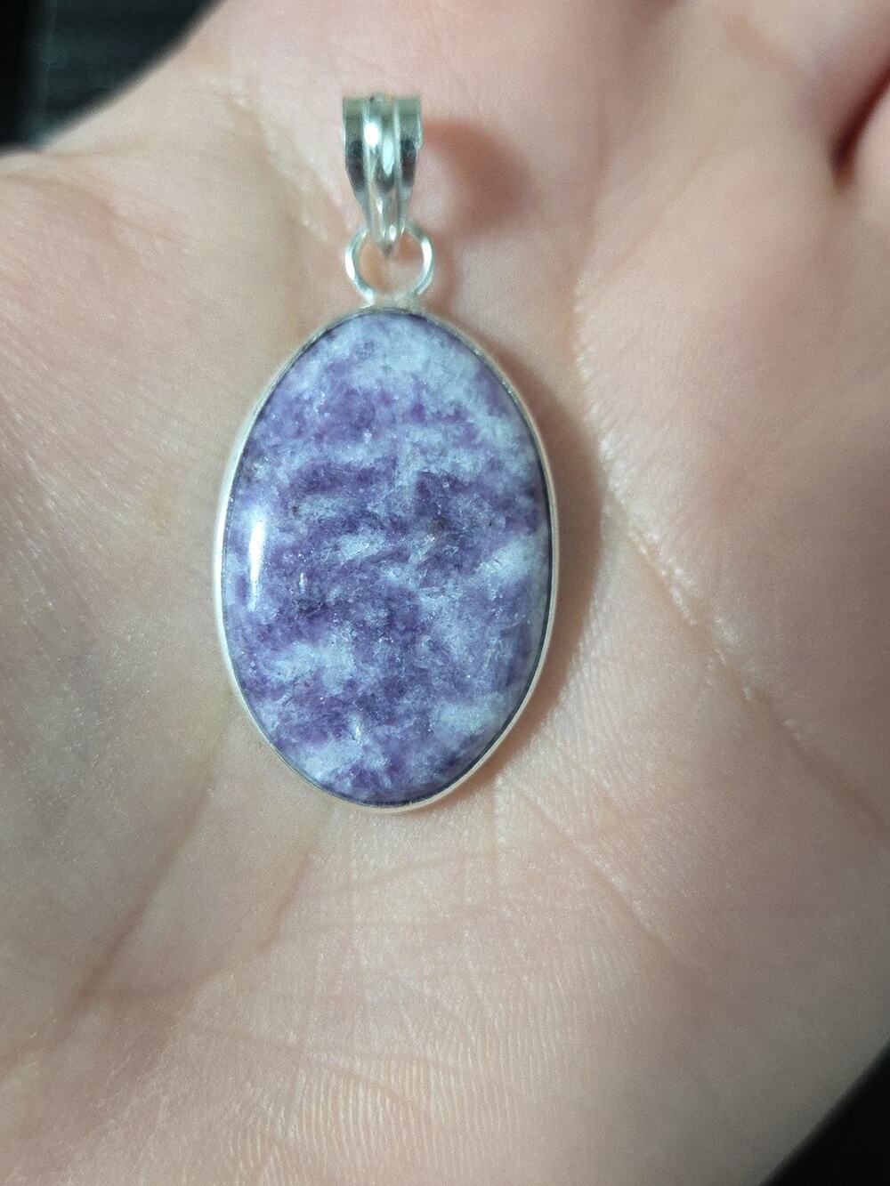 Natural Purple Lepidolite Worry Stone 925 Sterling Silver Pendant